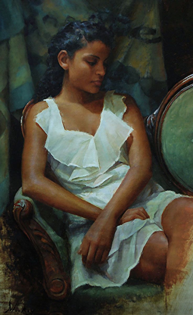 736x1198 In White - Black Lady Painting