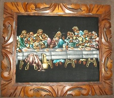 400x343 Vintage Last Supper Black Velvet Painting~ornate Carved Frame - Black Last Supper Painting