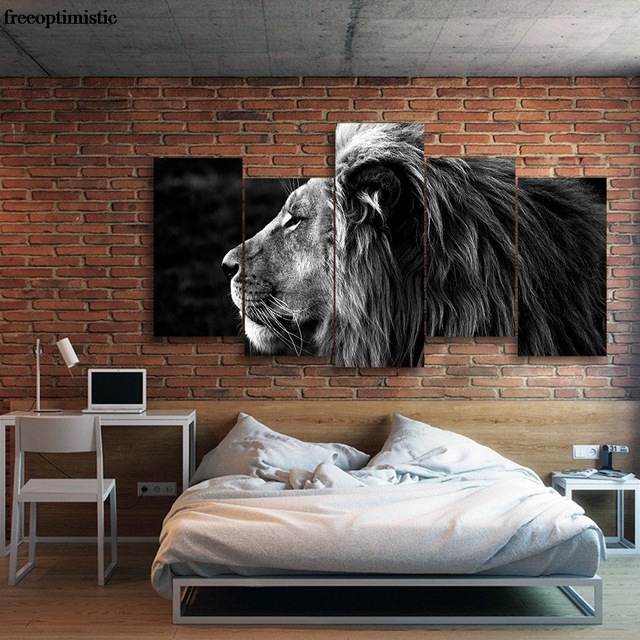 640x640 Black Lion Painting 5 Panels Hd Printed Black Lion Painting Canvas - Black Lion Painting