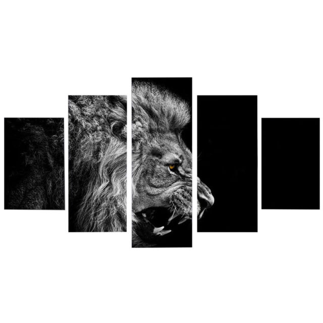 640x640 5 Panel Black Lion Canvas Painting Print Art Picture Home Wall - Black Lion Painting