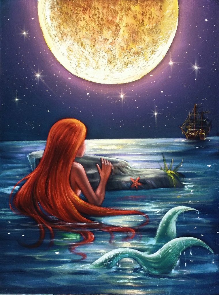 760x1024 The Little Mermaid, Ariel Original Oil Painting On Black Velvet - Black Mermaid Painting