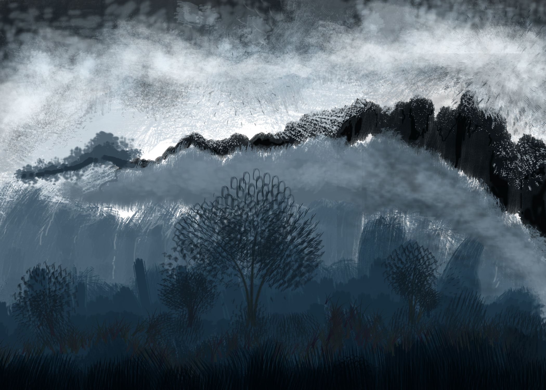 2100x1500 Black Mountain Digital Painting,emptiness,landscape,m.m.husain - Black Mountain Painting