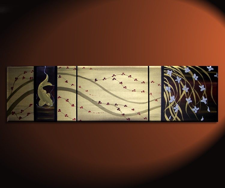 750x627 Large Gold And Black Painting Koi Fish, Orchids And Cherry - Black Painting Art