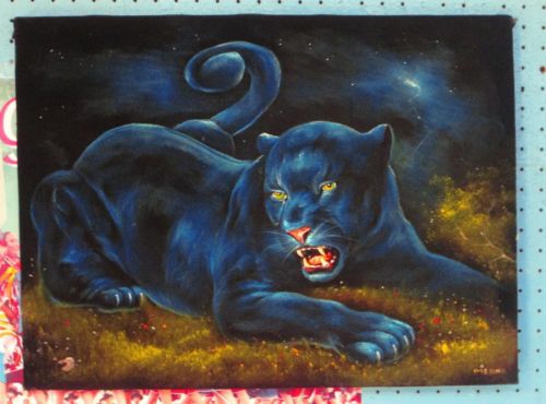 500x370 Black Panther Leopard Big Tiger Cat Original Mexican Black Velvet - Black Panther Velvet Painting
