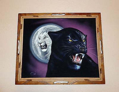 400x307 Vtg Velvet Painting Black Panther White Lion Signed Ortiz Made - Black Panther Velvet Painting