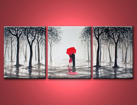 570x438 Black Red White Paintings Kiss In Rainlove Coupleblack White - Black Red White Painting
