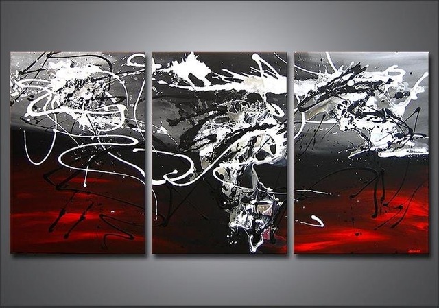 640x449 Handpainted 3 Piece Black White Red Modern Abstract Decorative Oil - Black Red White Painting