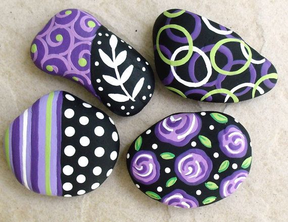 570x440 Magnets Hand Painted Abstract Purple Black And White Art River - Black Rock Painting