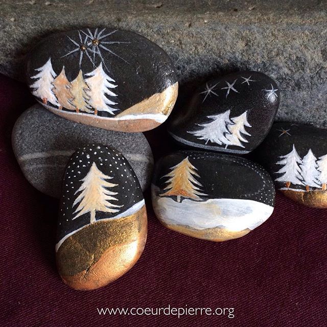 640x640 Trees Painting On Black Rocks With Pretty Gold Metallic Paint - Black Rock Painting