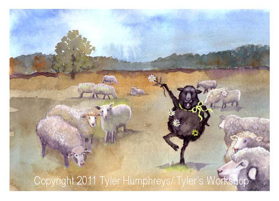 570x410 Funny Sheep Greeting Card Black Sheep Watercolor Painting - Black Sheep Painting