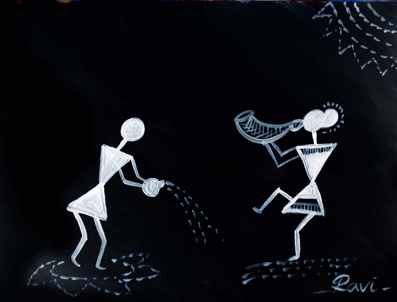 1280x973 Buy Black And White In Warli Handmade Painting By Ravi Viswanathan - Black Silhouette Painting