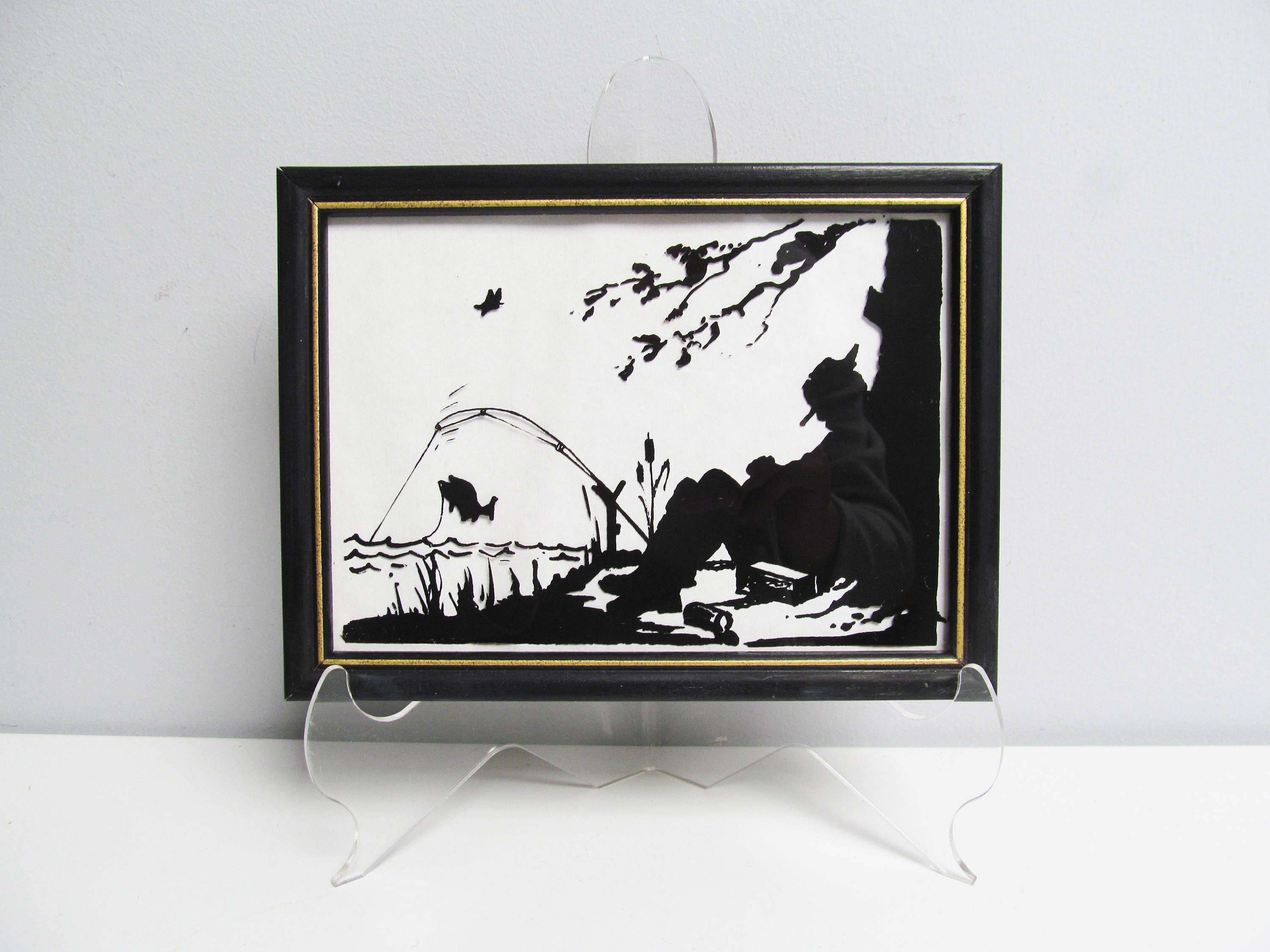 3000x2250 Vintage Silhouette On Glass Fisherman Nap Time Fishing Reverse - Black Silhouette Painting
