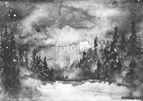500x354 Watercolor Painting, Illustration, Greeting Card. Forest, Suburban - Black Silhouette Painting