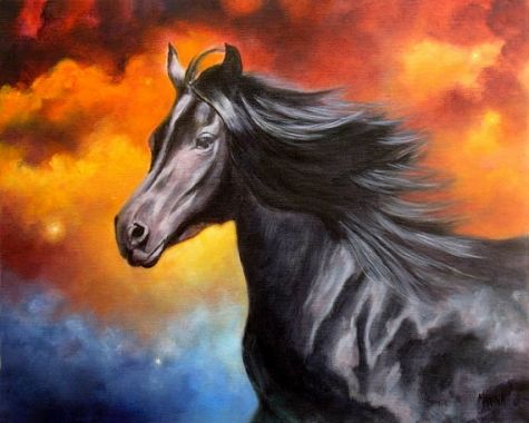 475x380 Black Thunder, Black Horse Painting Equine Art By Marina Petro - Black Stallion Painting