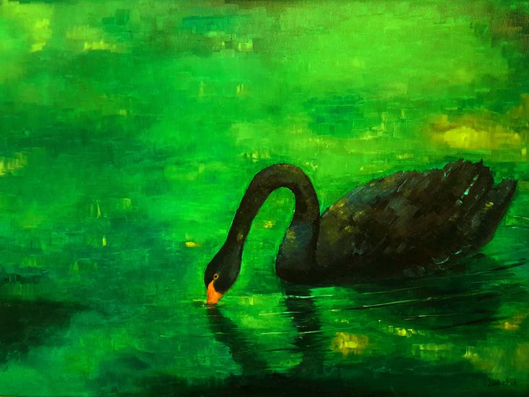 770x578 Saatchi Art Green Oil Painting Impressionist Large Paintings - Black Swan Painting