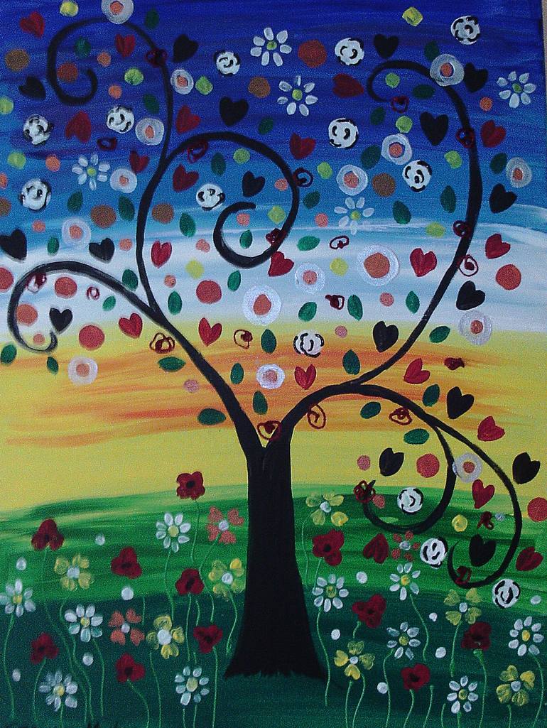 770x1025 Saatchi Art Colourful Swirly Black Tree Among Flowers Painting By - Black Tree Painting