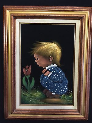 300x400 Vintage Black Velvet Painting Cute Child And Flower Framed - Black Velvet Painting