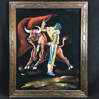 400x400 Vintage Framed Black Velvet Painting Bull Fighting Fighter Matador - Black Velvet Painting Vintage