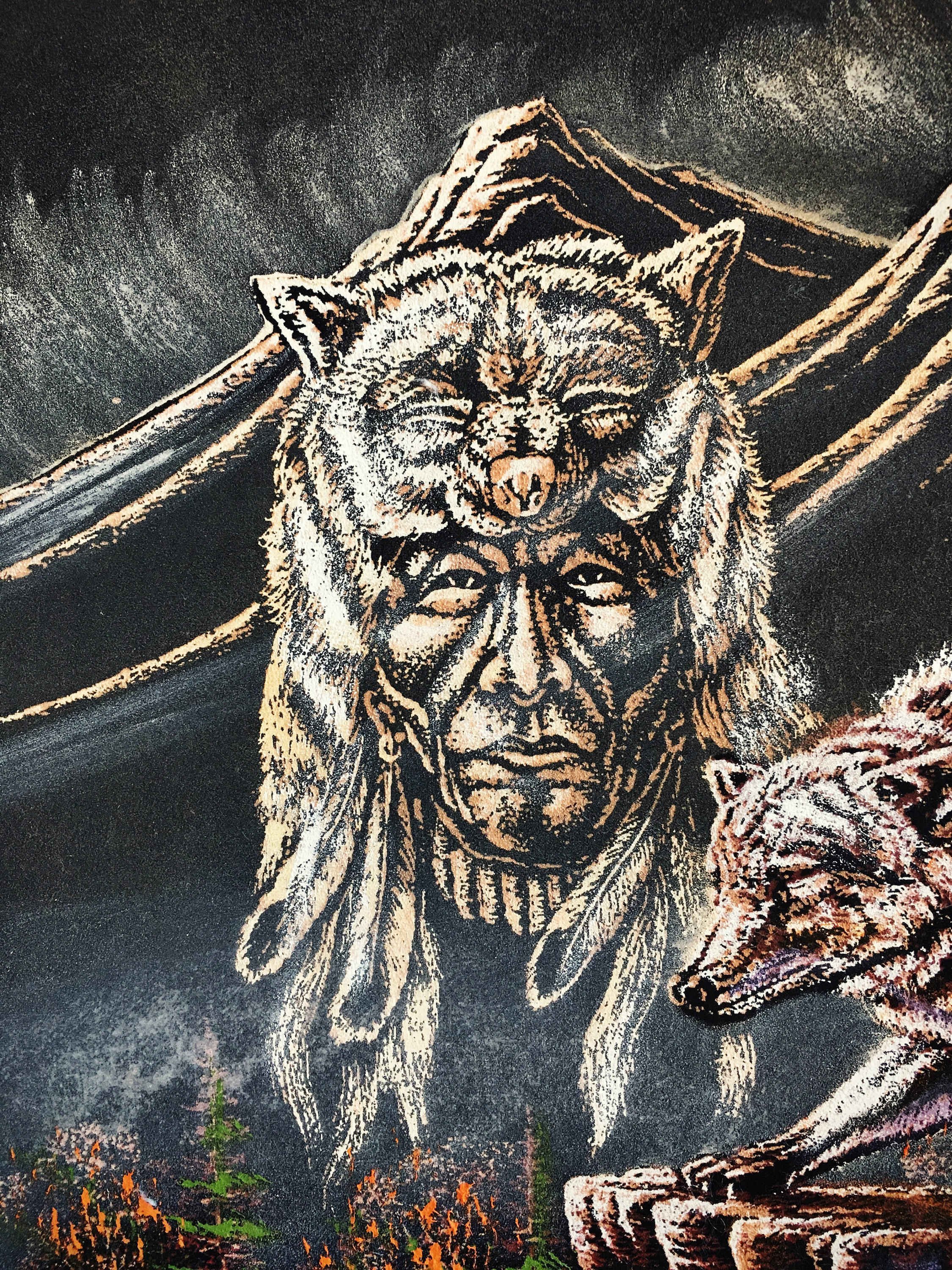 2250x3000 Vintage Black Velvet Painting Of Wolf Warrior By Ernesto Sanchez - Black Velvet Painting Vintage