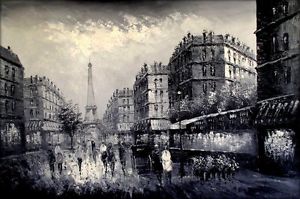300x199 Quality Oil Painting, Old Paris Street With Eiffel Tower Black - Black White Oil Painting