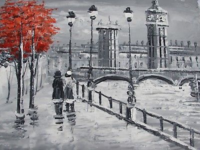 400x300 Small London Oil Painting Canvas Art Modern Contemporary England - Black White Oil Painting