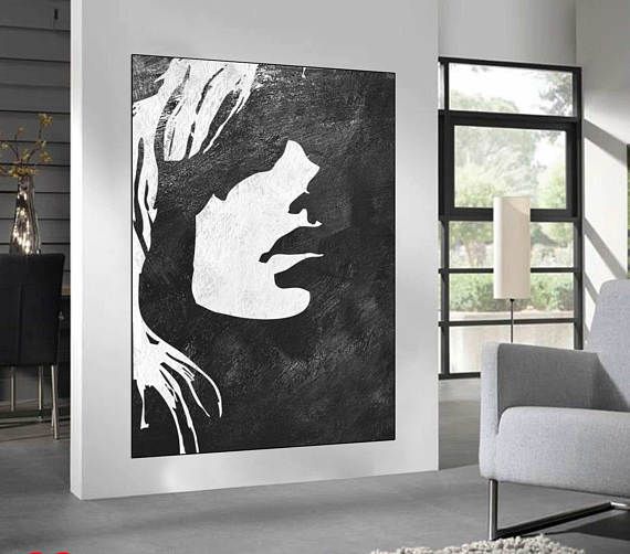 570x502 Black White Minimalist Abstract Painting Woman Face Silhouette - Black White Painting