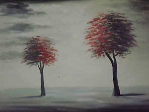 300x225 Minimal Black White Red Landscape Trees Large Oil Painting Canvas - Black White Red Painting