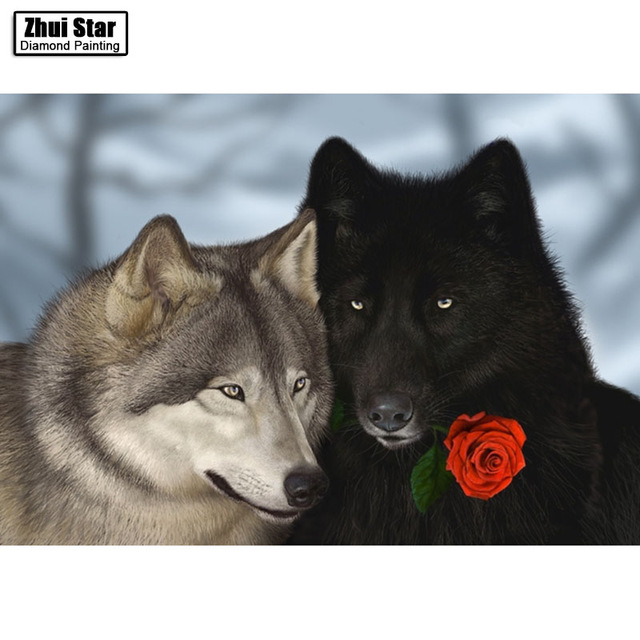 640x640 5d Diy Diamond Mosaic Diamond Embroidery Red Rose Gray And Black - Black Wolf Painting