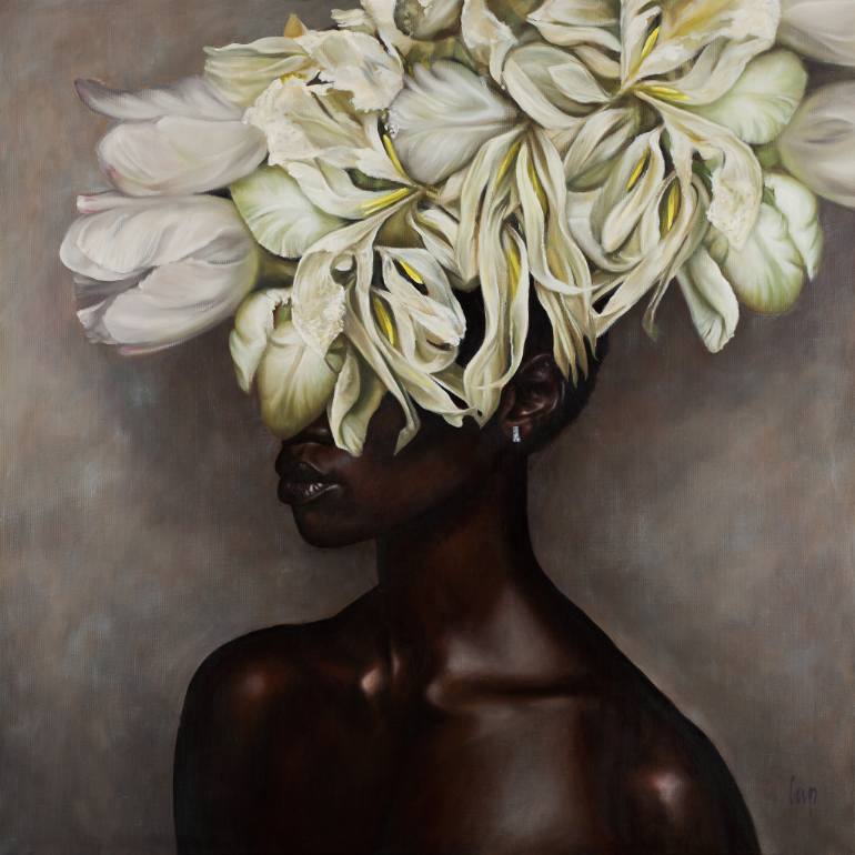 770x770 Saatchi Art White Flowers On Black Woman Painting By Cor Lap - Black Woman Painting