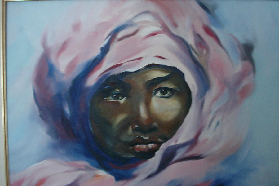 900x600 Black Woman In Pink Veil Painting By Marrie Pierrette Cloutier - Black Woman Painting