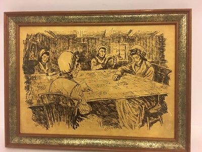 400x300 Old Vintage Black Velvet Painting Four Women Doing Craft 16x12 - Black Woman Velvet Painting