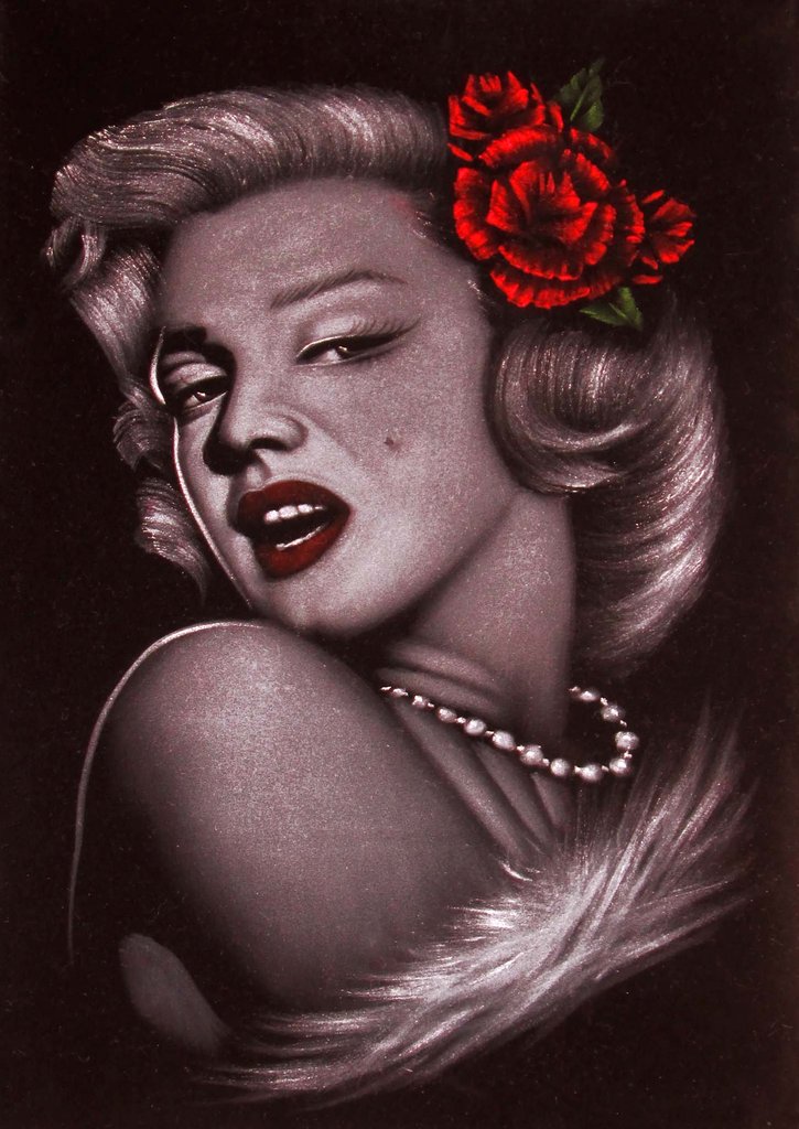 725x1024 Marilyn Monroe Portrait Red Rose Original Oil Painting On Black - Black Woman Velvet Painting