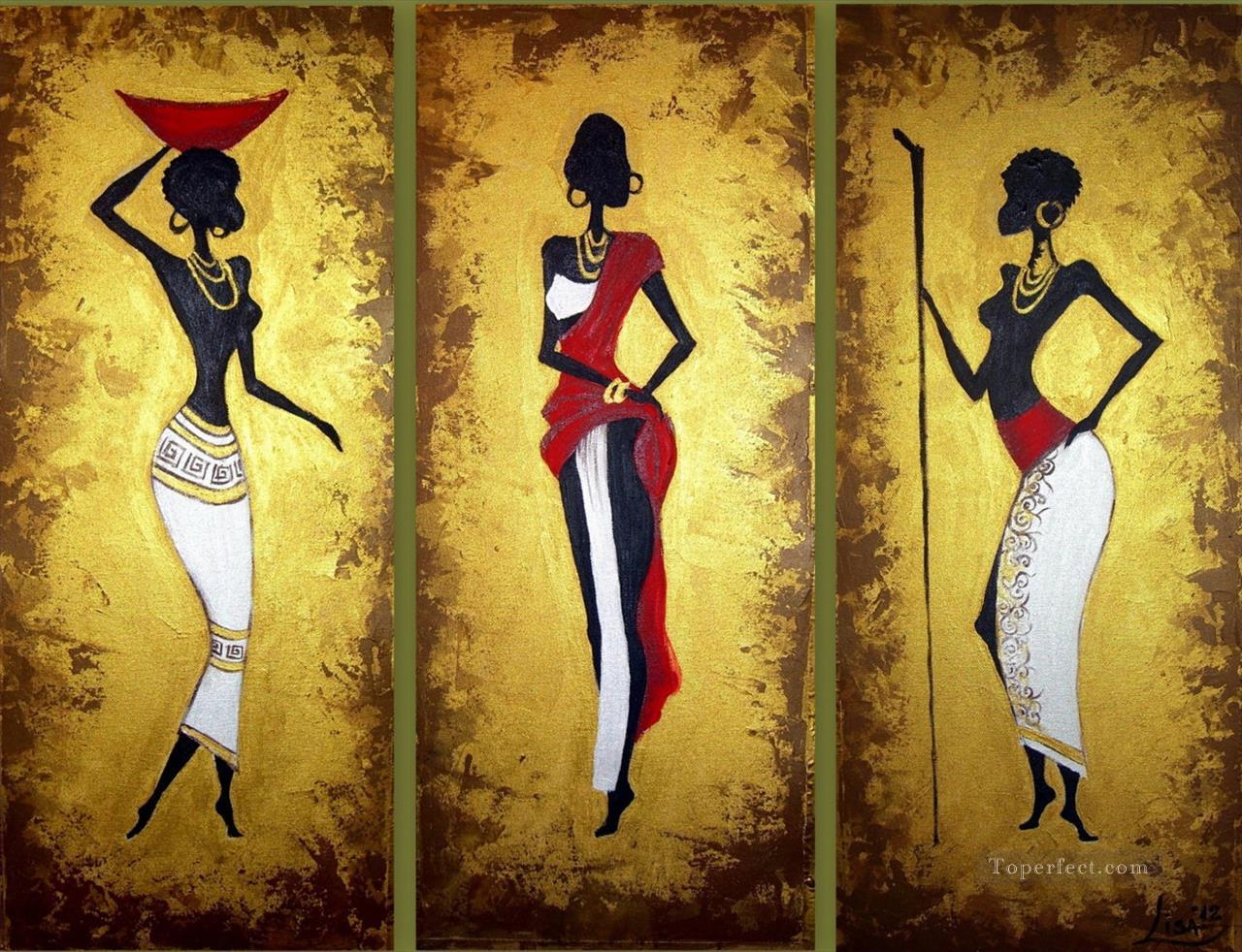 1280x982 Black Women With Gold Powder In Triptych African Painting In Oil - Black Women Painting