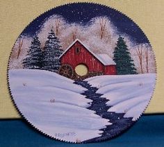 236x212 Hand Painted Saw Blade Mountain Winter Blue Log Cabin And Out - Blade Painting