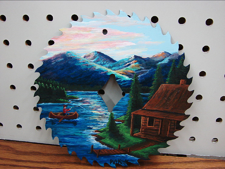 740x555 Moose R Real Saw Blade Hand Painted Original Log Cabin - Blade Painting