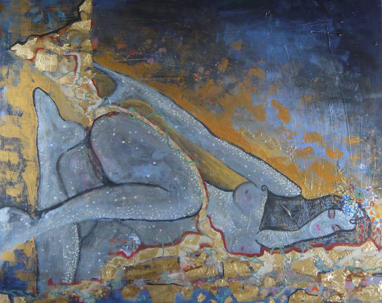 770x612 Saatchi Art Woman With Golden Blanket Painting By Marjolijn Dijkhuis - Blanket Painting