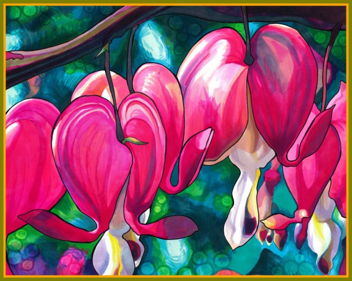 708x565 Marvelous Bleeding Vibrant Floral Botanical Colorful Spiritual - Bleeding Heart Flower Painting