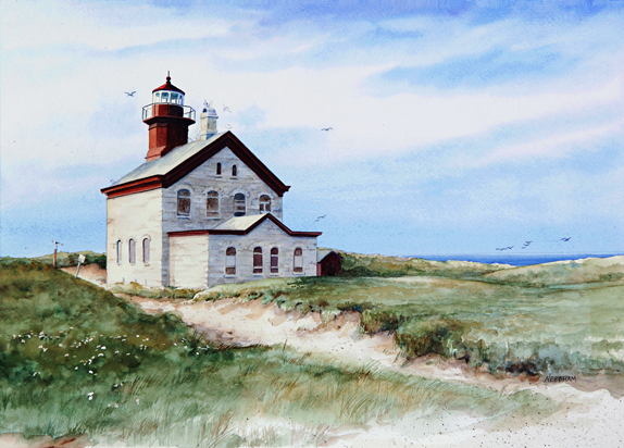 574x412 North Block Island Lghthouse Watercolor - Block Island Painting