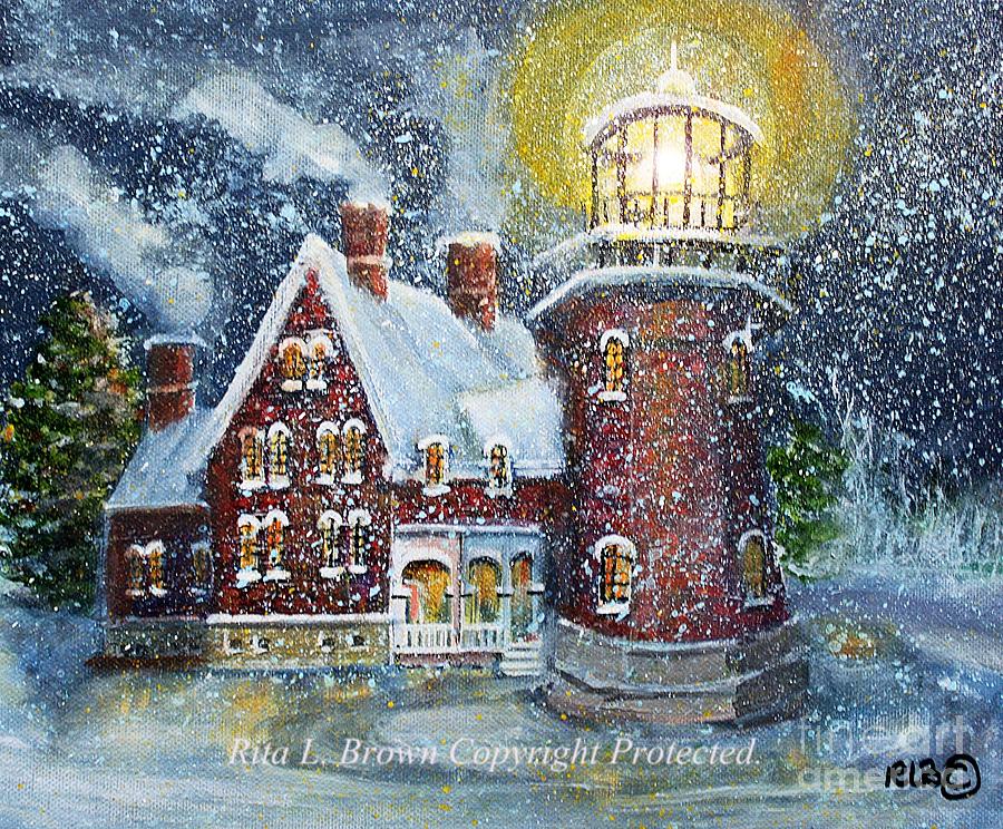 900x744 Block Island Lighthouse In Winter Painting By Rita Brown - Block Island Painting