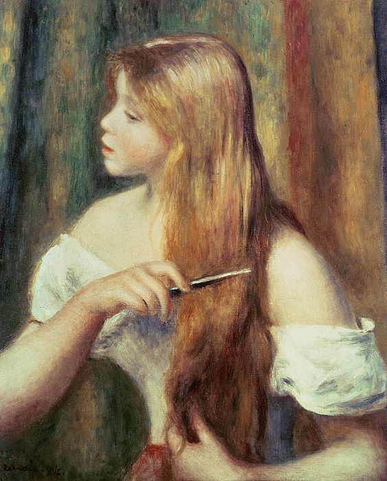 564x700 Blonde Girl Combing Her Hair Painting By Pierre Auguste Renoir - Blonde Woman Painting