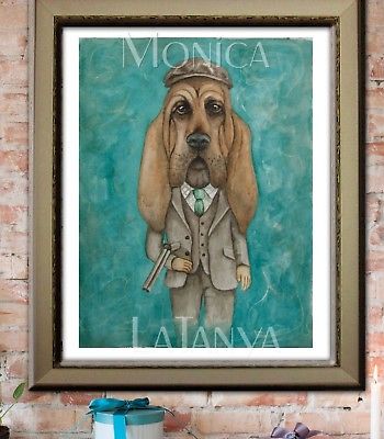 350x400 A4 Original Watercolour Painting Bloodhound Dog With Clothes - Bloodhound Painting