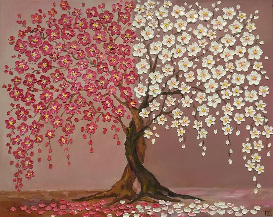 900x717 Cherry Blossom Trees Day And Night Painting By Tatiana Zhitnikova - Blossom Tree Painting