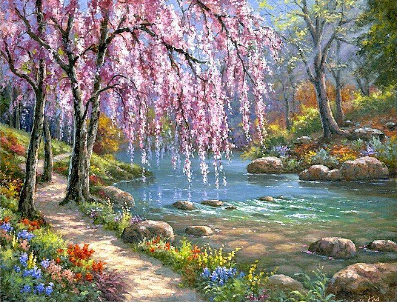 801x610 Cherry Blossom Trees Next To River Paint By Numbers - Blossom Tree Painting