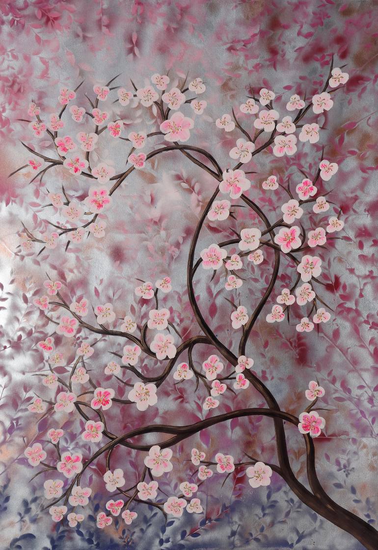 770x1120 Saatchi Art Large Sakura Tree Cherry Blossom Silver Painting By - Blossom Tree Painting