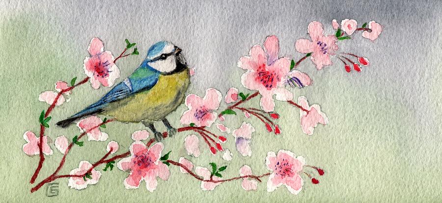 900x414 Blue Tit Bird On Cherry Blossom Tree Painting By Joy Of Life Art - Blossom Tree Painting