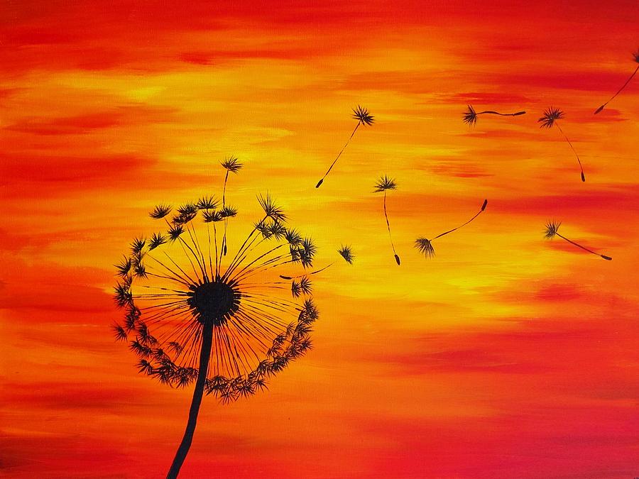 900x675 Dandelion Sunset Painting Painting By Michelle Eshleman - Blowing Dandelion Painting