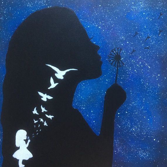 570x570 Silhouette Girl Blowing Dandelions Painting Galaxy Handmade - Blowing Dandelion Painting