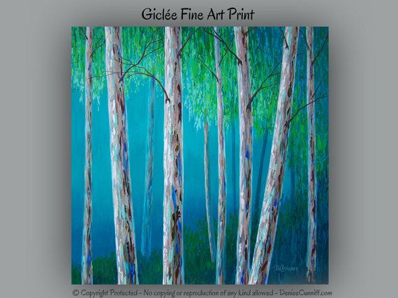570x427 Birch Tree Art Print, Teal Turquoise, Blue And Green, Artwork - Blue And Green Painting