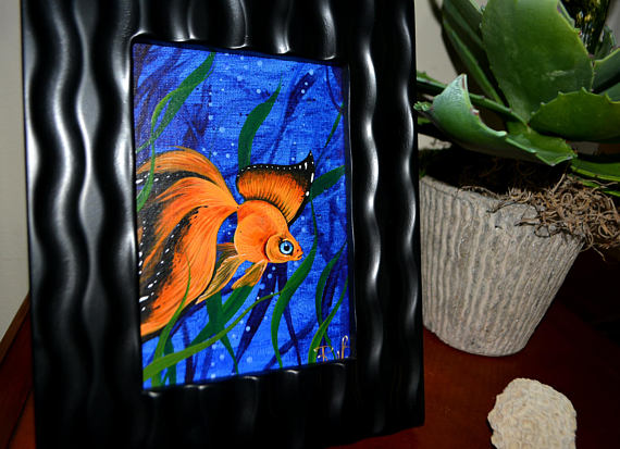 570x413 Rw2 Original Acrylic Goldfish Butterfly Painting Monarch Fish By - Blue And Orange Painting