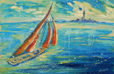 399x260 Auckland Blue Orange Sail Boat Painting Cityscape By - Blue And Orange Painting